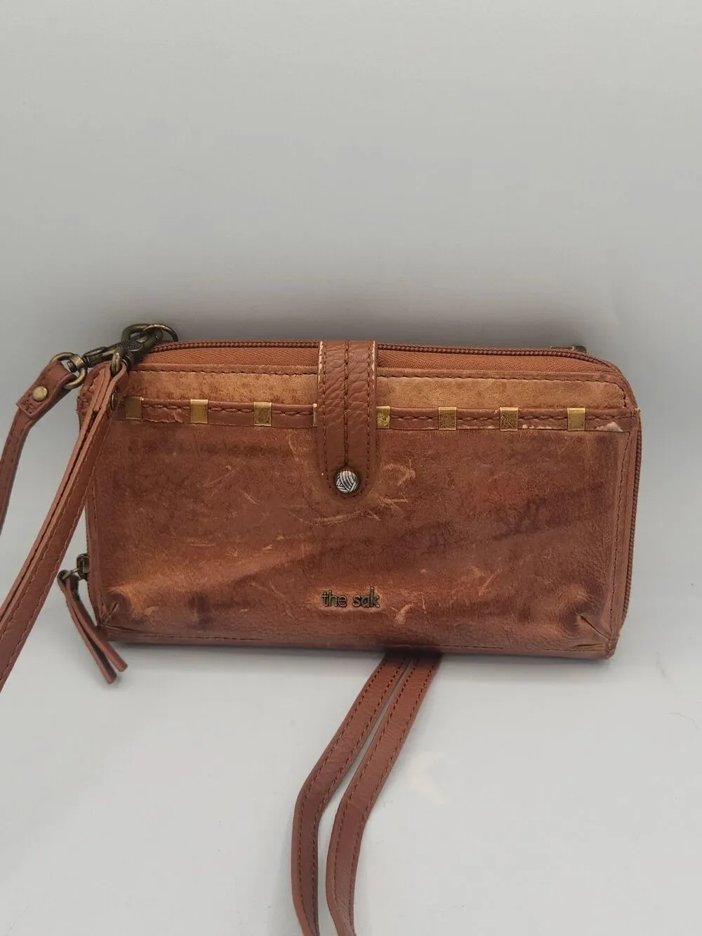 The Sak Brown Distressed Leather Wristlet Wallet Crossbody